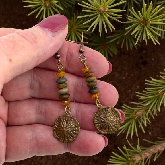 Earth Art hand crafted artisan Jewelry - Rustic Natural Brass Sand Dollar Earrings Jasper Beaded Czech Glass Copper Hooks